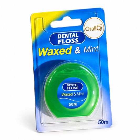 OralIQ Mint Waxed Dental Floss – 50 m — packaging view on white