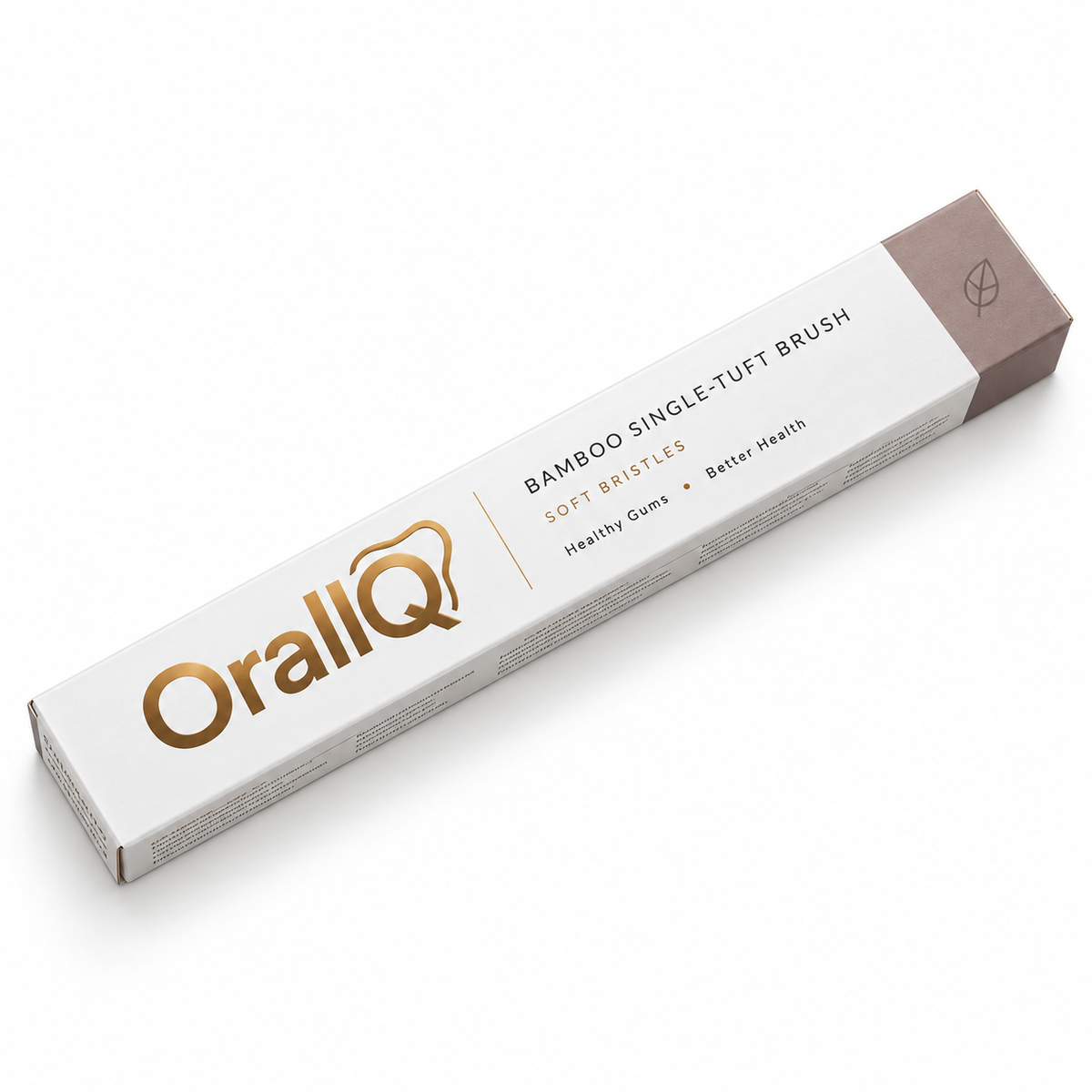 OralIQ bamboo single-tuft brush box in a three-quarter view on white