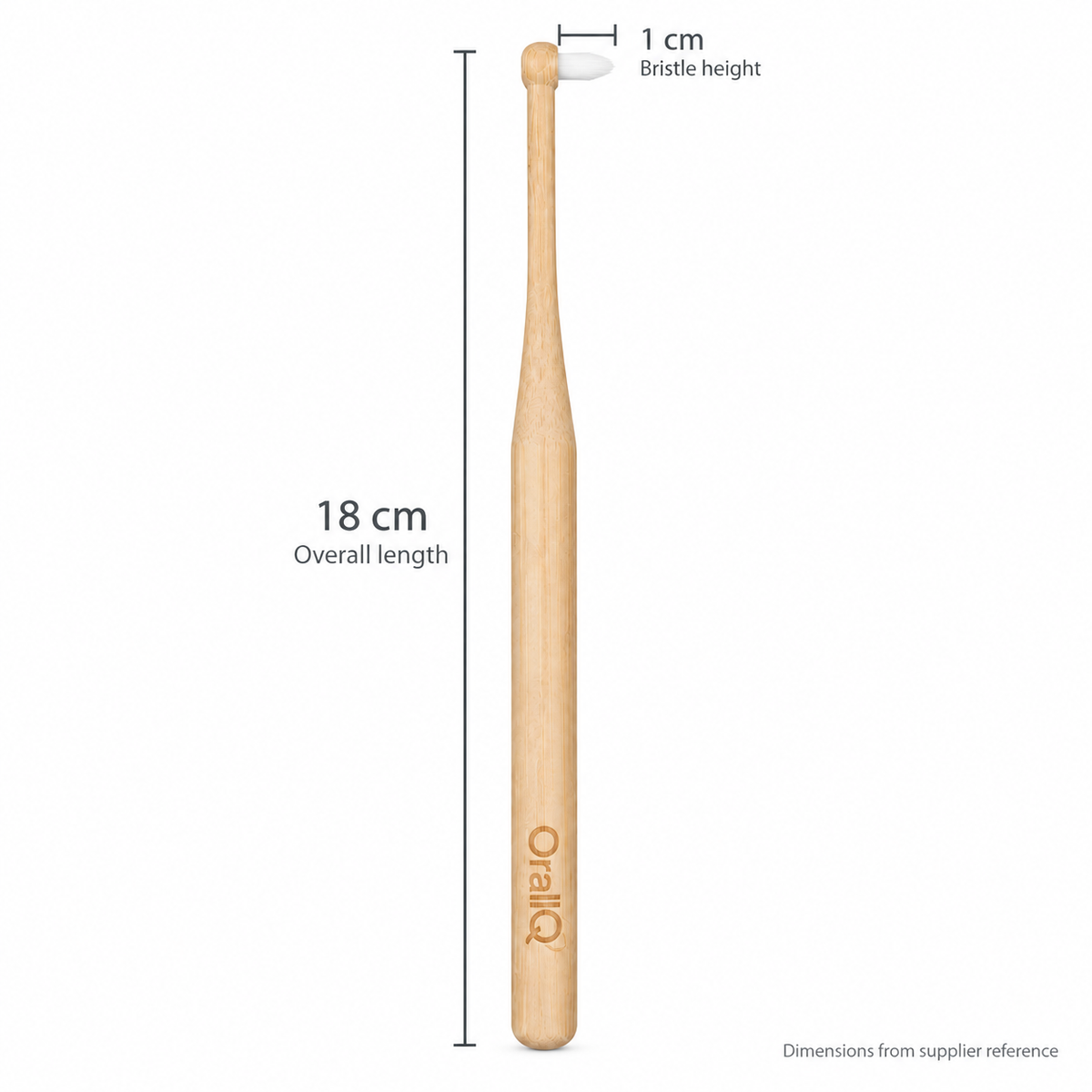 OralIQ 1009 bamboo single-tuft brush showing 18 cm overall length and 1 cm bristle height
