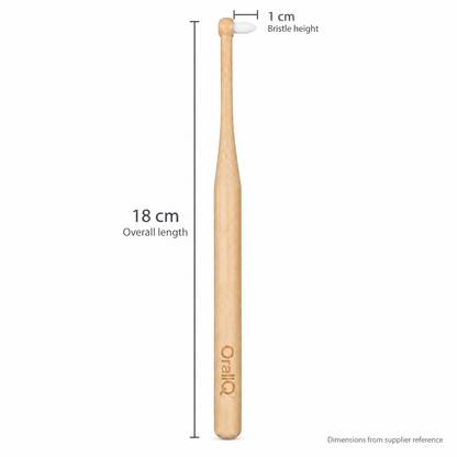 OralIQ 1009 bamboo single-tuft brush showing 18 cm overall length and 1 cm bristle height
