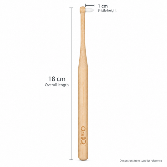OralIQ 1009 bamboo single-tuft brush showing 18 cm overall length and 1 cm bristle height