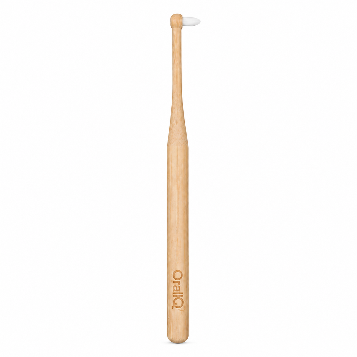 OralIQ 1009 bamboo single-tuft brush with engraved handle, matching the dimensioned view