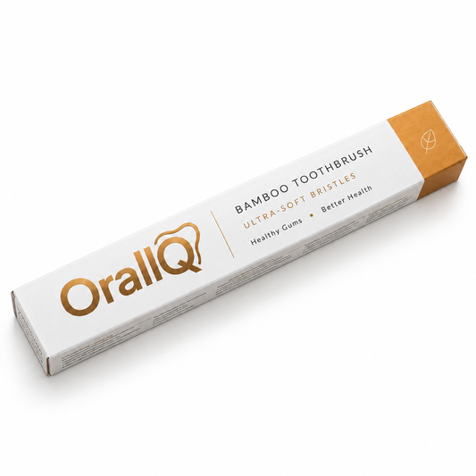 OralIQ bamboo toothbrush box in a three-quarter view on white